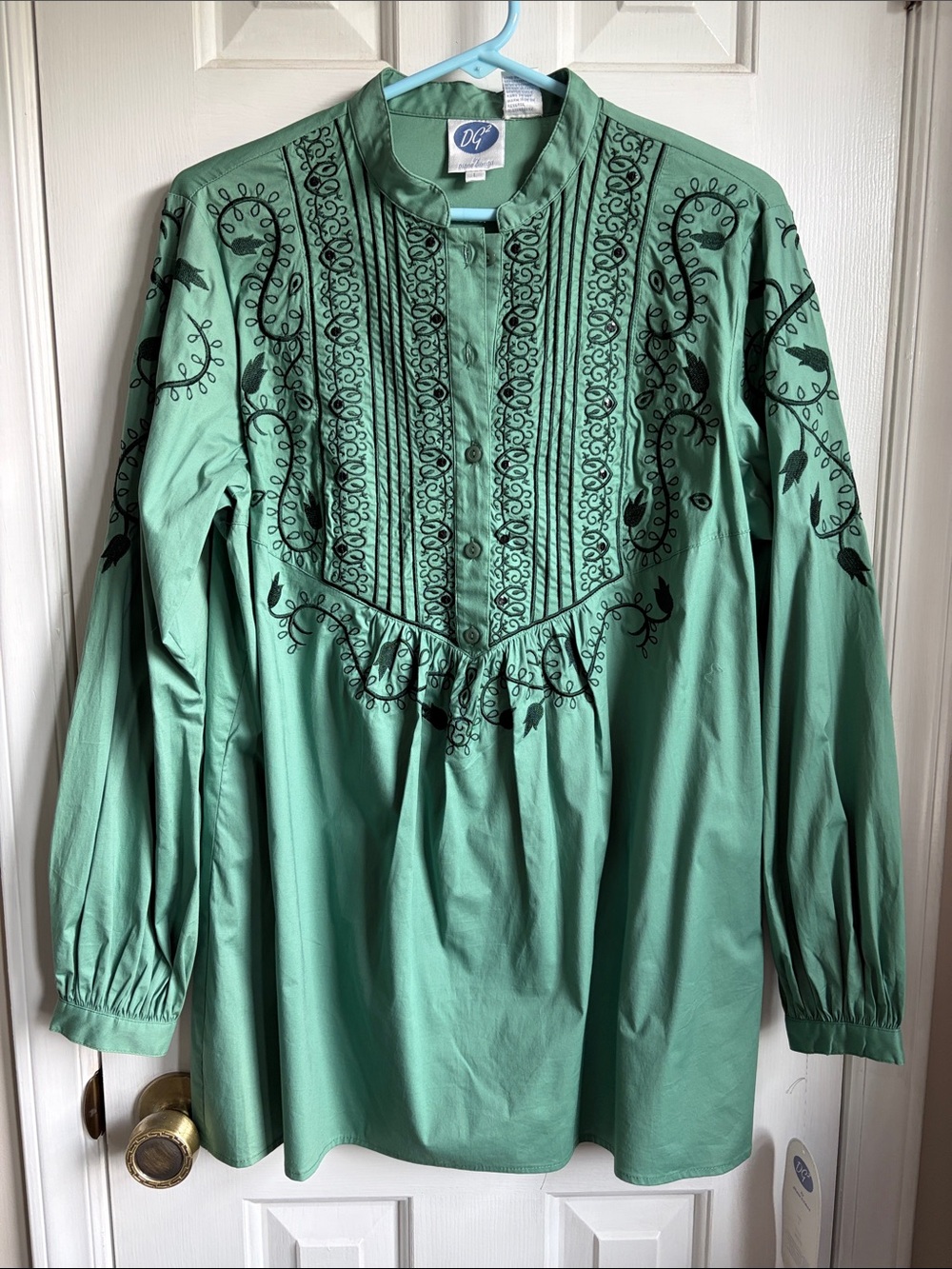 Diane Gilman Green Black Cotton Embroidered Tunic NWT